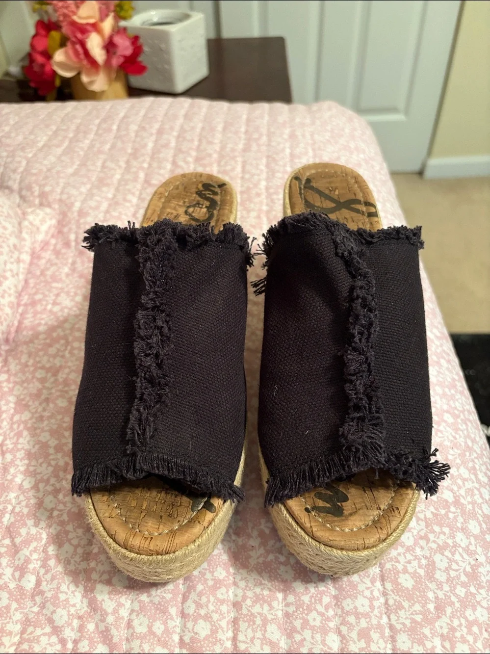 Sam Edelman Black Frayed Slide Espadrille Wedge